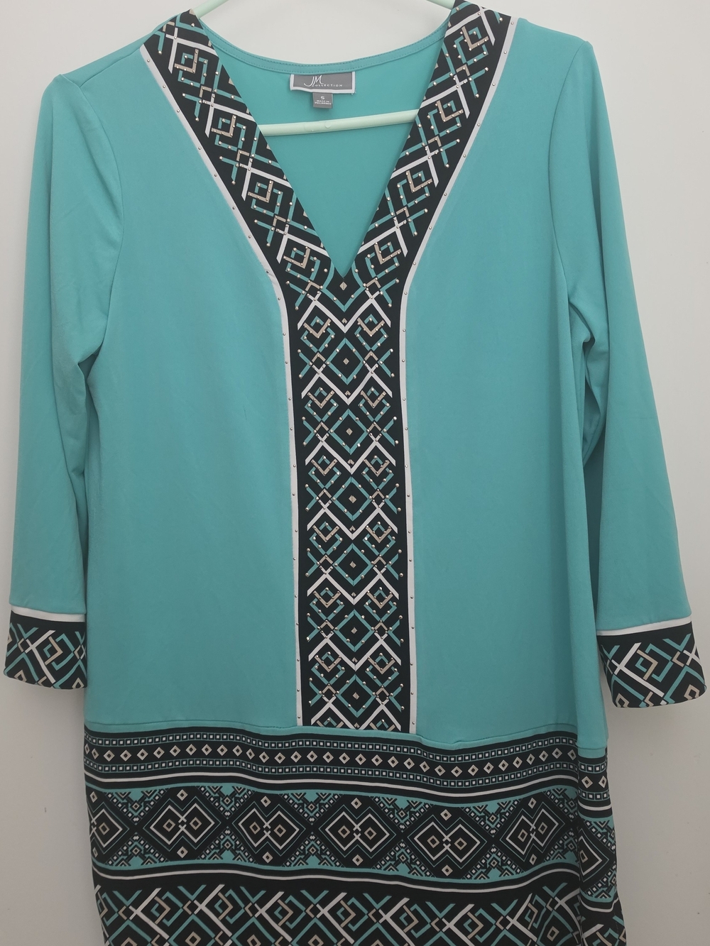 JM Collection Turquoise V-Neck Tunic with Black & White Geometric Trim